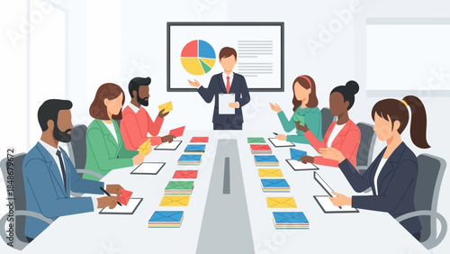 Professional Business Meeting with Diverse Team Analyzing Data and Sharing Ideas in Modern