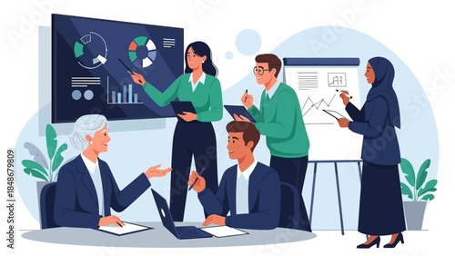 professional diverse team conducting data analysis and strategic planning in modern office