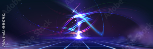 Tech background with glowing speed lines and neon light effects. Abstract digital wave with blue gradient and futuristic motion blur. Dynamic tech bg with luminous curves and energy trails on dark.