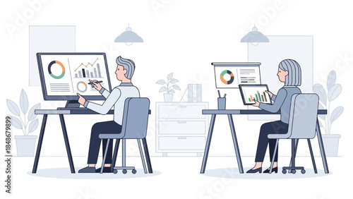 professional office workers analyzing data on digital screens in modern workspace