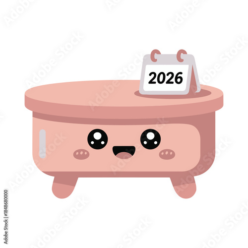 Kawaii coffee table with small 2026 tabletop decoration, cozy living room element, pastel color, flat cartoon vector, white background.