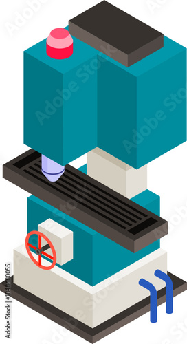 Industrial machinery illustration of a milling machine with blue and white colors and red accents