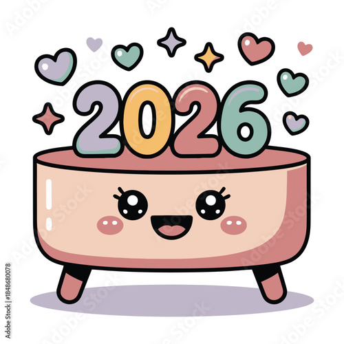 Kawaii coffee table with small 2026 tabletop decoration, cozy living room element, pastel color, flat cartoon vector, white background.