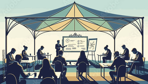 professional outdoor business workshop with presenters and participants under canopy tent for