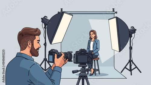 Professional Photography Studio Setup with Lighting Equipment and Model for Portrait Photography