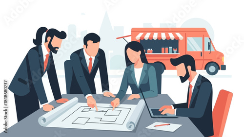 professional team collaborating on architectural blueprint design in urban setting