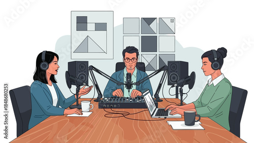 professional podcast recording session with hosts engaging in audio production in modern studio