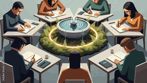 professional team meeting around a circular central fountain with greenery and technology takes