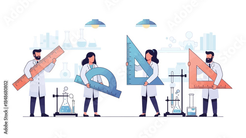 Scientists Using Geometric Tools and Rulers in Laboratory Environment for Precision Measurements