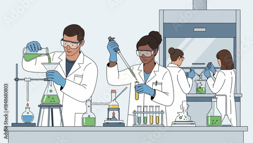 scientists conducting laboratory experiments with glassware and chemical solutions in a modern