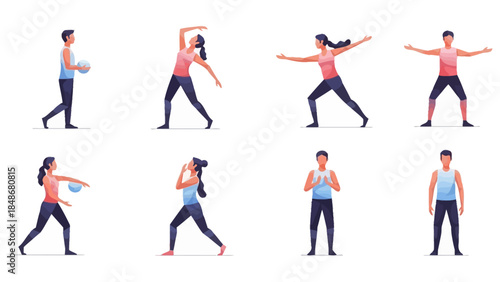 Sequential Female Figures Demonstrating Morning Yoga Poses and Stretches for Flexibility and