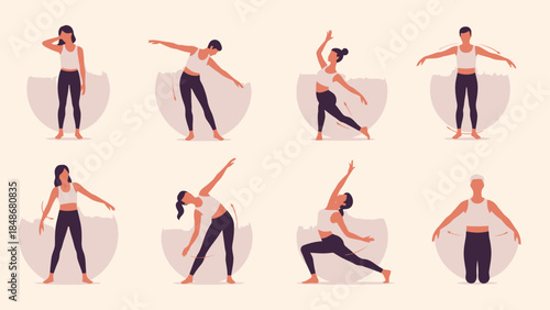 Sequential Illustration of Yoga Postures Demonstrating Flexibility and Balance for Mind and Body