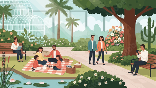 Serene Botanical Garden Scene with Visitors Relaxing and Strolling Amid Lush Greenery