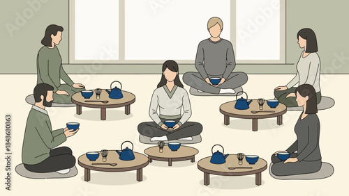 Serene group meditation session with diverse participants practicing mindfulness indoors