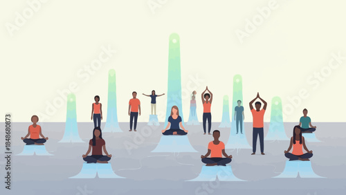 Serene group meditation session with diverse participants practicing mindfulness outdoors in a