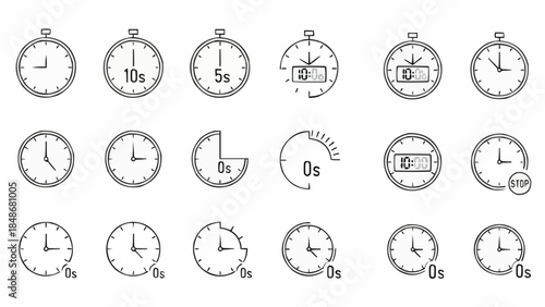 Collection of Vintage Stopwatch and Clock Icons Representing Time Measurement.