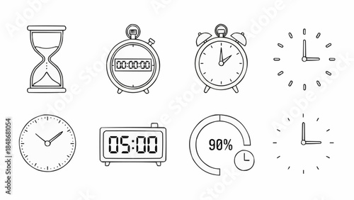 Collection of various timekeeping devices and clocks in a sketch style.