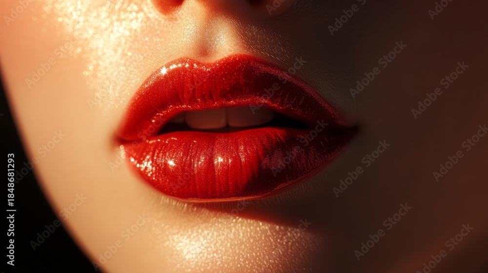 Fototapeta premium A vibrant captivating closeup image of luscious and beautifully shaped red lips, showcasing a stunning bold glossy lip color that is truly a work of art in the world of cosmetics and beauty expression