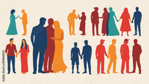 Diverse group of people holding hands in various relationships and styles.