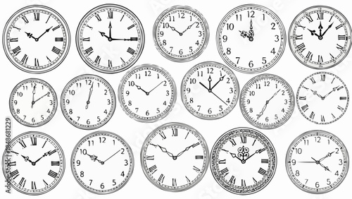 Collection of vintage analog clocks showing different times.