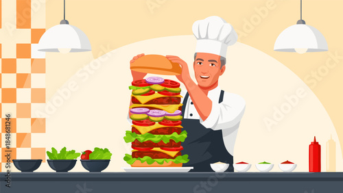 A smiling chef proudly assembling an enormous, multi-layered burger with various fresh ingredients in a kitchen setting.