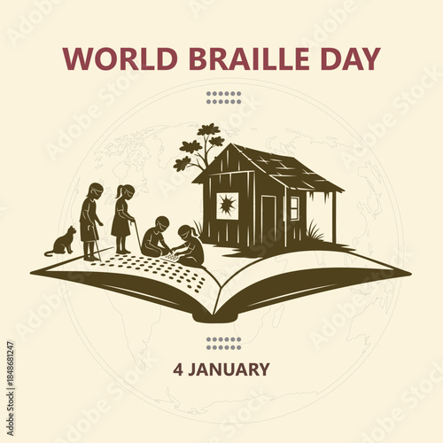 World braille day illustration with children and house on an open book