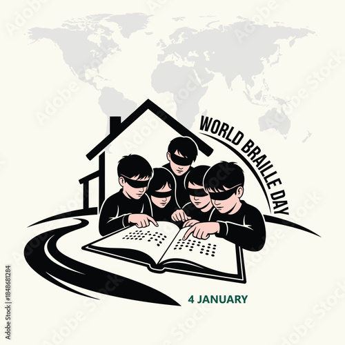 World braille day illustration with four children reading