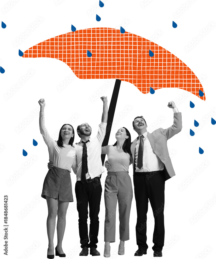 Naklejka premium Abstract mixed media of business team under umbrella on transparent background. Concept of risk management, corporate protection and business security.