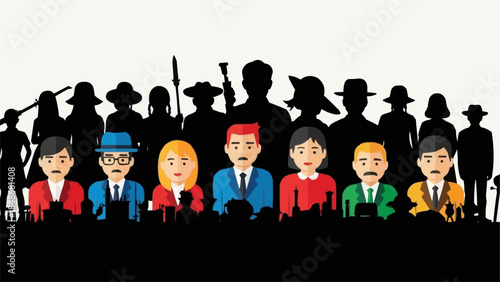 Diverse Group of People in Business Attire with Silhouetted Figures Behind Them.