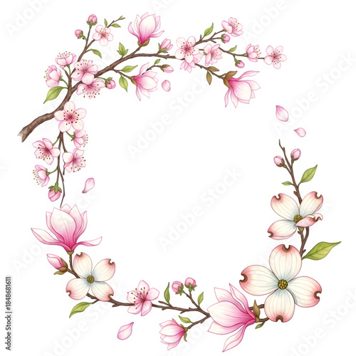 Tree Branch Flower Photo Overlay with Painted Spring and Summer Floral Frame on Transparent White Background