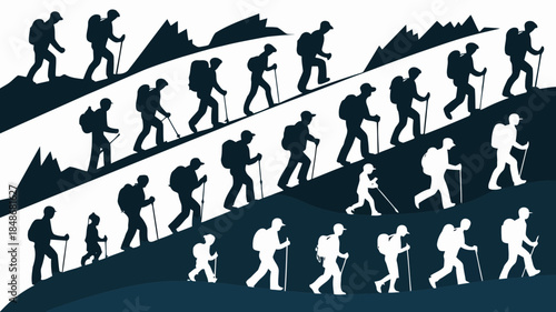 Silhouettes of hikers with backpacks and trekking poles ascend a mountain slope in a repeating pattern against a white and dark blue background