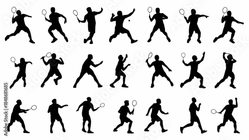 Collection of diverse black silhouettes of badminton players in various dynamic action poses holding rackets on a white background
