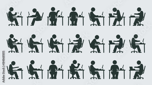 Collection of diverse silhouette figures working on laptops at desks showcasing various postures and actions in a modern office setting