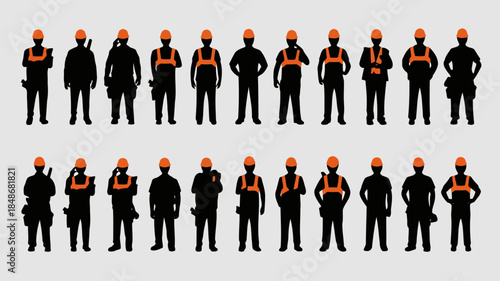 Collection of diverse construction worker silhouettes wearing hard hats and safety vests in various poses and with tools