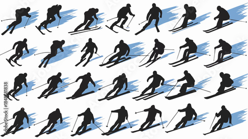 Collection of silhouettes of skiers in various poses and movements on a white background with blue ski tracks