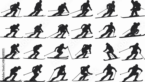 Collection of black silhouette illustrations of skiers in various dynamic poses on white background representing winter sport and activity