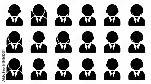 Collection of diverse black silhouette user profile icons representing men and women in business attire on a white background