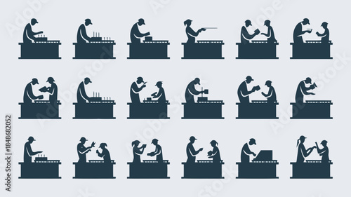Silhouettes of people working at a conveyor belt with various tasks and interactions shown in a grid pattern