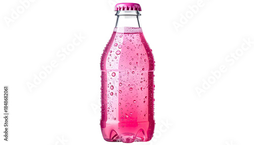 A clear glass bottle filled with a pink, bubbly, and refreshing beverage