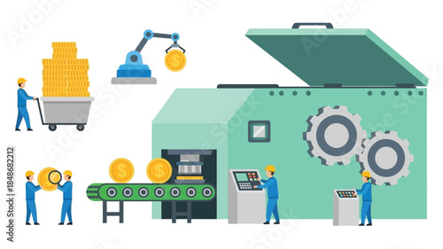 Automated factory production line with robotic arms and human workers operating machines