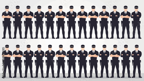 Uniformed security guards standing in two rows with arms crossed against a light gray background