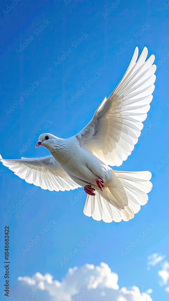 Fototapeta premium A magnificent white dove soars gracefully against a bright blue sky with scattered white clouds.