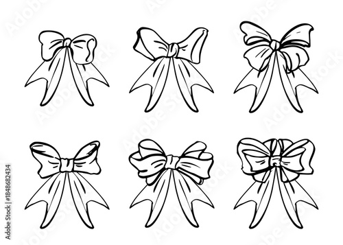 Assorted ribbon bows in minimalist flat style with clean contours, vintage multiple loops. Vector illustration hand drawn in ink. Web icons, Christmas festive labels, and light packaging graphics.