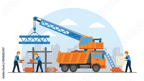 Construction site with crane workers truck and building materials illustration