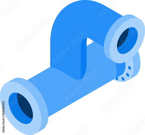 Isometric blue pipe segment illustration, industrial plumbing component with flanges for fluid transport and connection, modern graphic icon design for engineering projects