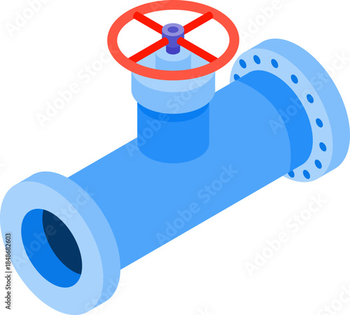 Blue industrial pipe with a red valve, representing plumbing and fluid transport systems