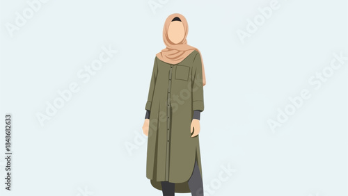 A Muslim woman wearing a hijab and a long olive green dress.