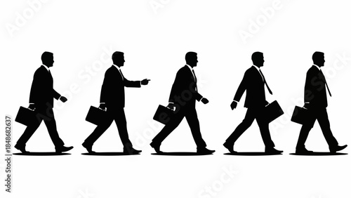 Silhouettes of businessmen walking in a line.