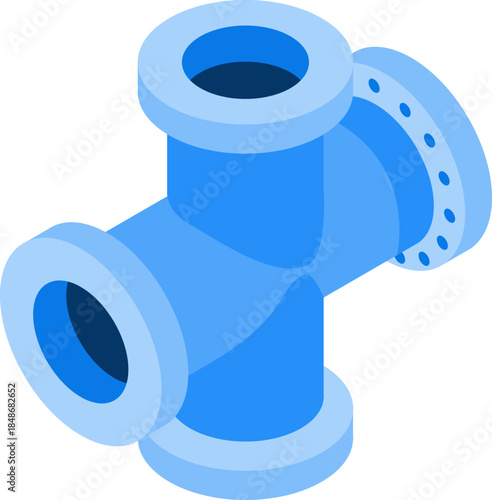 Isometric 3D Blue Pipe Fitting Junction with Flanges, Plumbing Connection