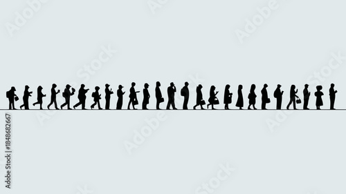 A diverse group of people in silhouette stand in a single file line against a plain background representing a queue or waiting line